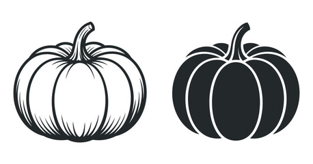 Two Vintage Style Pumpkins Line Art Illustrations Black and White