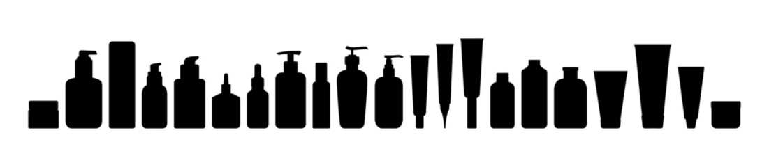 Vector Shampoo and Beauty Bottle Set. Skincare Product Silhouettes with Jars, Tubes and Containers for Cosmetics