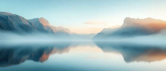 Fototapeta premium Landscape displays majestic mountains reflecting beautifully in still lake water, enveloped by soft mist, conveying tranquility.