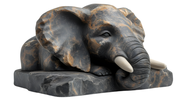 Stone Elephant Sculpture Wildlife Animal Figurine Dark Grey and Brown Resting Pose