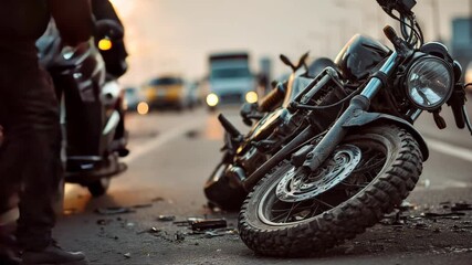 Motorcycle accident scene in city damaged bike after collision and personal injury legal services


