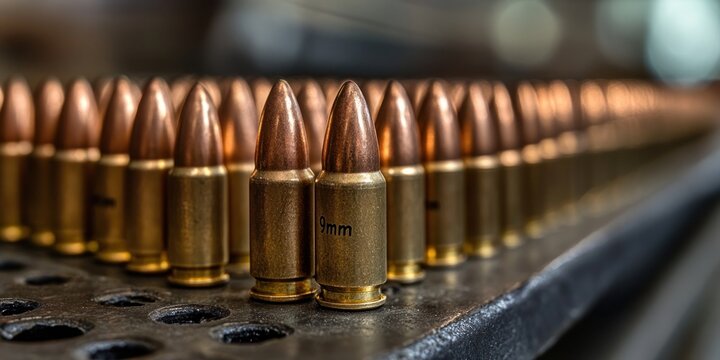 9mm Ammunition: Precision-crafted cartridges arranged in rows, showcasing intricate details and metallic sheen.