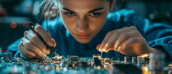 Young woman concentrates intensely while soldering components onto circuit board with precision.