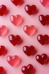 Red glossy heart candy pattern on soft pink background. Valentine’s Day sweet love concept.