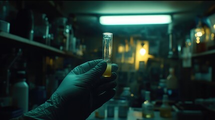Gloomy lab scene, test tube held