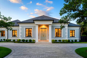 Exterior Luxury House Twilight with Sunset Sky at evening.