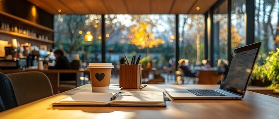 Coffee cup rests near open notebook and laptop, hinting at relaxed and productive work session.