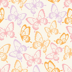 Seamless pattern with pastel butterflies. Cute spring and summer design for kids, fabric, wallpapers, wrapping paper, and stationery.