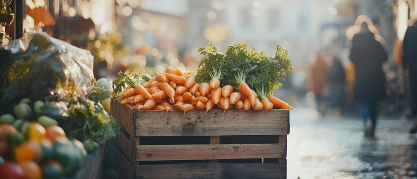 Carrots overflow wooden crate at bustling outdoor produce stand, enticing potential customers with freshness.