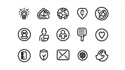 Business icon collection: includes teamwork, data, case, work samples, gains, research, working together, global, support, and protection. Simple outline style.
