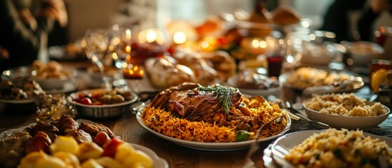 Fototapeta premium Family members share lavish meal featuring roast lamb rice dishes candles creating warm celebratory atmosphere.