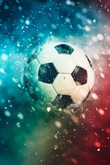 Obraz premium Ballon de football sur fond flou aux couleurs bleu ou vert, blanc rouge drapeau français, ou italien ambiance dynamique et visuelle pour match ou événement de football, 