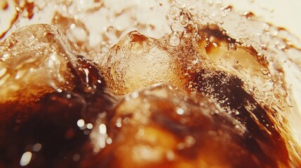 Fototapeta premium Iced cola drink. A close-up shows ice cubes in the fizzy cola. You can see bubbles in the glass. The ice makes the soda splash. It's a cold and refreshing drink. 