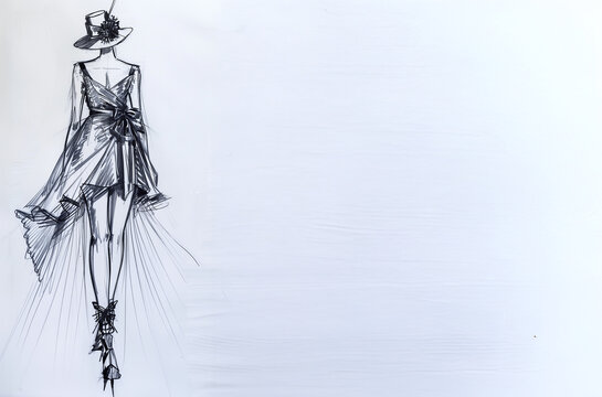 Croquis de mode repr&eacute;sentant une femme &eacute;l&eacute;gante portant une robe stylis&eacute;e avec chapeau, dessin au trait sur fond blanc avec espace n&eacute;gatif copyspace, concept de cr&eacute;ation haute couture et design vestim