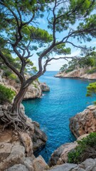Rugged cliffs and turquoise cove with gnarled pine tree in foreground