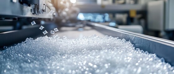 Plastic pellets fall from machinery onto conveyor belt during manufacturing process.