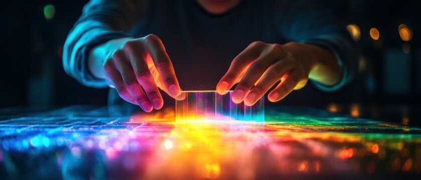 Person manipulates hologram with hands, demonstrating technological interface.