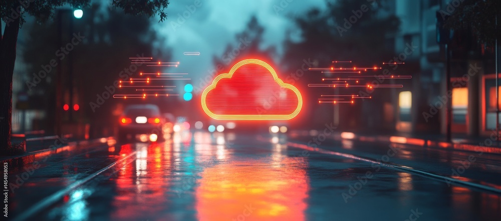 Poster the concept of cloud computing is illustrated by an image of a speeding train with a city in the bac
