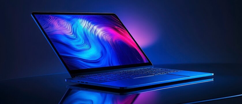 Laptop displays swirling blue and pink abstract design on illuminated screen against dark background showcasing modern technology.