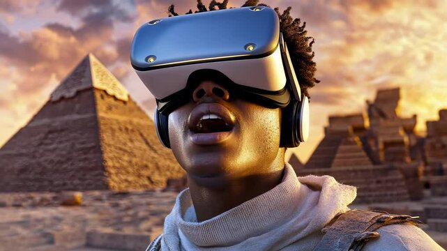young man experiencing virtual reality at ancient pyramids