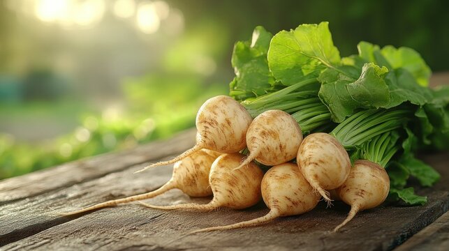 Fresh turnips on rustic wooden table