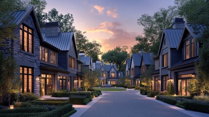 The image depicts a row of modern townhouses, distinguished by their gray metal roofs and white walls, and each having a second-floor exterior balcony