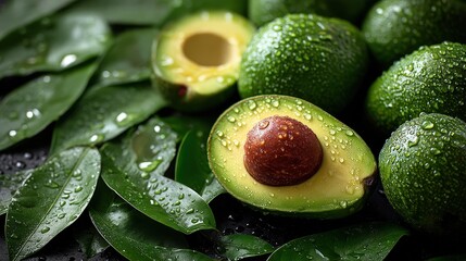 Fresh Green Avocados with Raindrops and Leaves