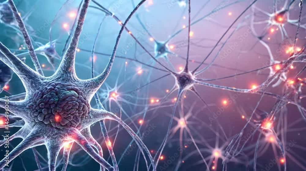 Poster digital illustration of interconnected neurons with glowing synapses, representing neural activity i