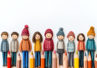 Fototapeta premium A drawing by a child depicts a crowd of smiling individuals wearing colorful outfits, all set against a plain white background image