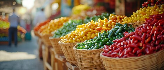 Fototapeta premium Vibrant baskets overflow with diverse chili peppers, presenting abundance of spicy ingredients for culinary ventures.
