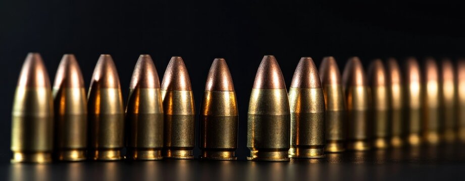 Close-up of a Row of Ammunition: 9mm Parabellum Cartridges