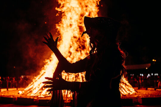 Walpurgisnacht,, Maifeuer oder Hexenfeuer. Eine Hexe posiert vor einem gro&szlig;en Lagerfeuer / Scheiterhaufen. 