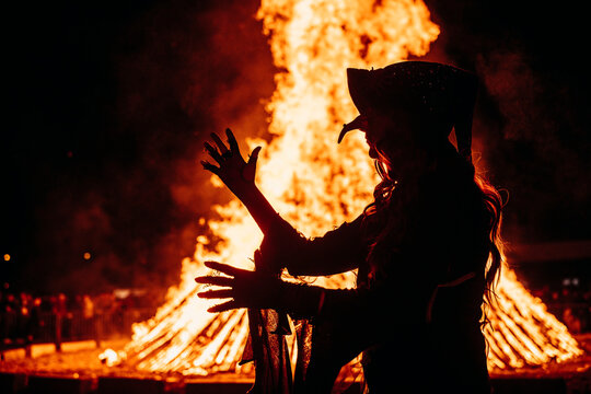 Walpurgisnacht,, Maifeuer oder Hexenfeuer. Eine Hexe posiert vor einem gro&szlig;en Lagerfeuer / Scheiterhaufen. 