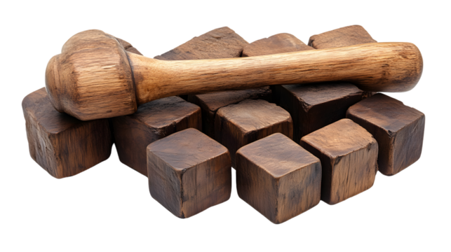 Wooden mallet and blocks handcrafted rustic texture game puzzle design element