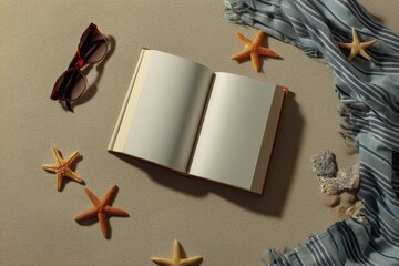 Open Book Resting on Sandy Beach With Starfish and Glasses Near Soft Blue Fabric