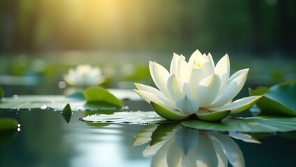 Serene White Water Lily Blooming on Calm Water at Sunset