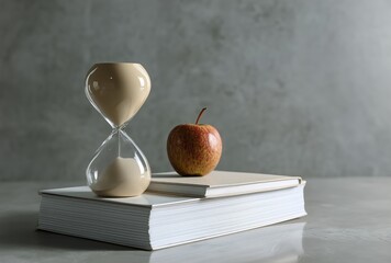 Hourglass and Apple Situated on Stacked Books With Gray Background in a Minimalist Setting