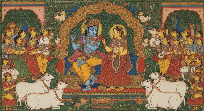 Intricate ancient Indian painting depicting Krishna, Radha, and their devotees