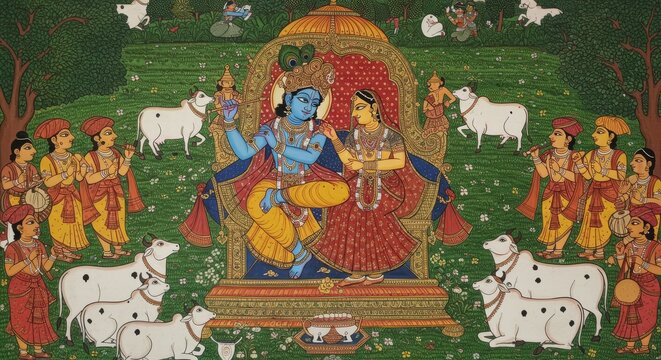 Divine union in a pastoral setting: Radha and Krishna with their devotees