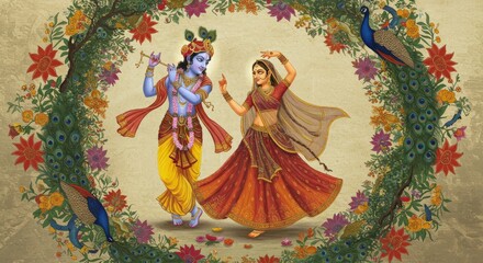Obraz premium Illustration Depicting Krishna and Radha Dancing with Floral and Peacock Frame