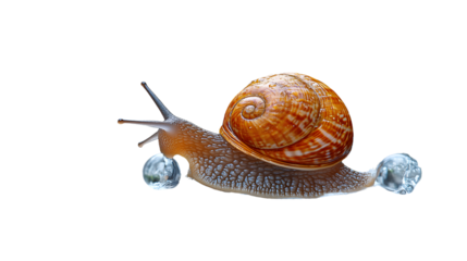 A snail with a glossy shell and water droplets on a black background perfect for nature and sc
