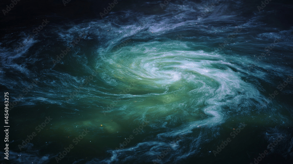 Poster a swirling galaxy nebula with green and blue hues creating a cosmic vortex in deep space view