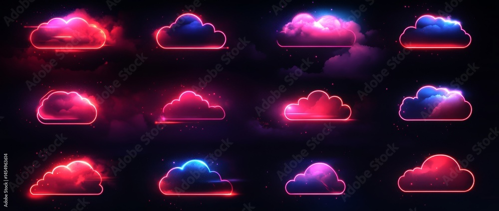 Poster the icon symbolizing cloud technology features a glowing neon outline and a simple design image