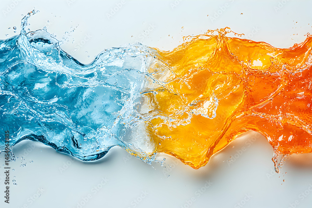 Poster abstract image of blue and orange liquids merging. great for illustrating concepts of contrast or dy
