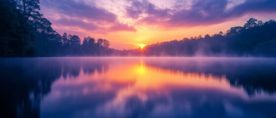 Obraz premium Lake reflects soft hues of sunrise as fog rises from water surrounded by dark silhouettes of forest, creating serene ambiance.