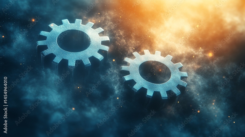 Aufkleber image of abstract digital blue hologram depicting gears and cogs that embody the intricate and inter