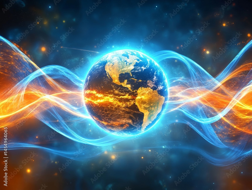 Poster the image represents a technological concept, featuring a digital world globe with moving data visua