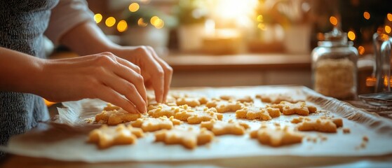 Caucasian hands carefully placing star cookies onto baking sheet covered with parchment paper, preparing festive treats amidst warm glow of Christmas lights.