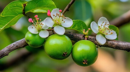 Close-up of green fruit with white flowers