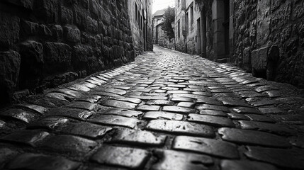 1900 cobblestone alley in a quaint European town.